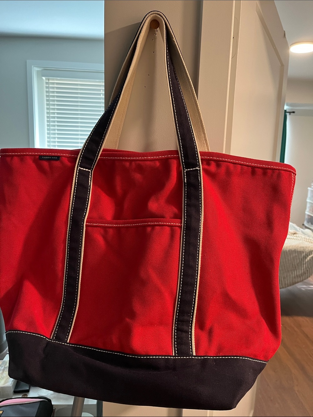 Lands' End Nautical Red and Navy Blue Canvas Vintage Travel Tote 21 x 15